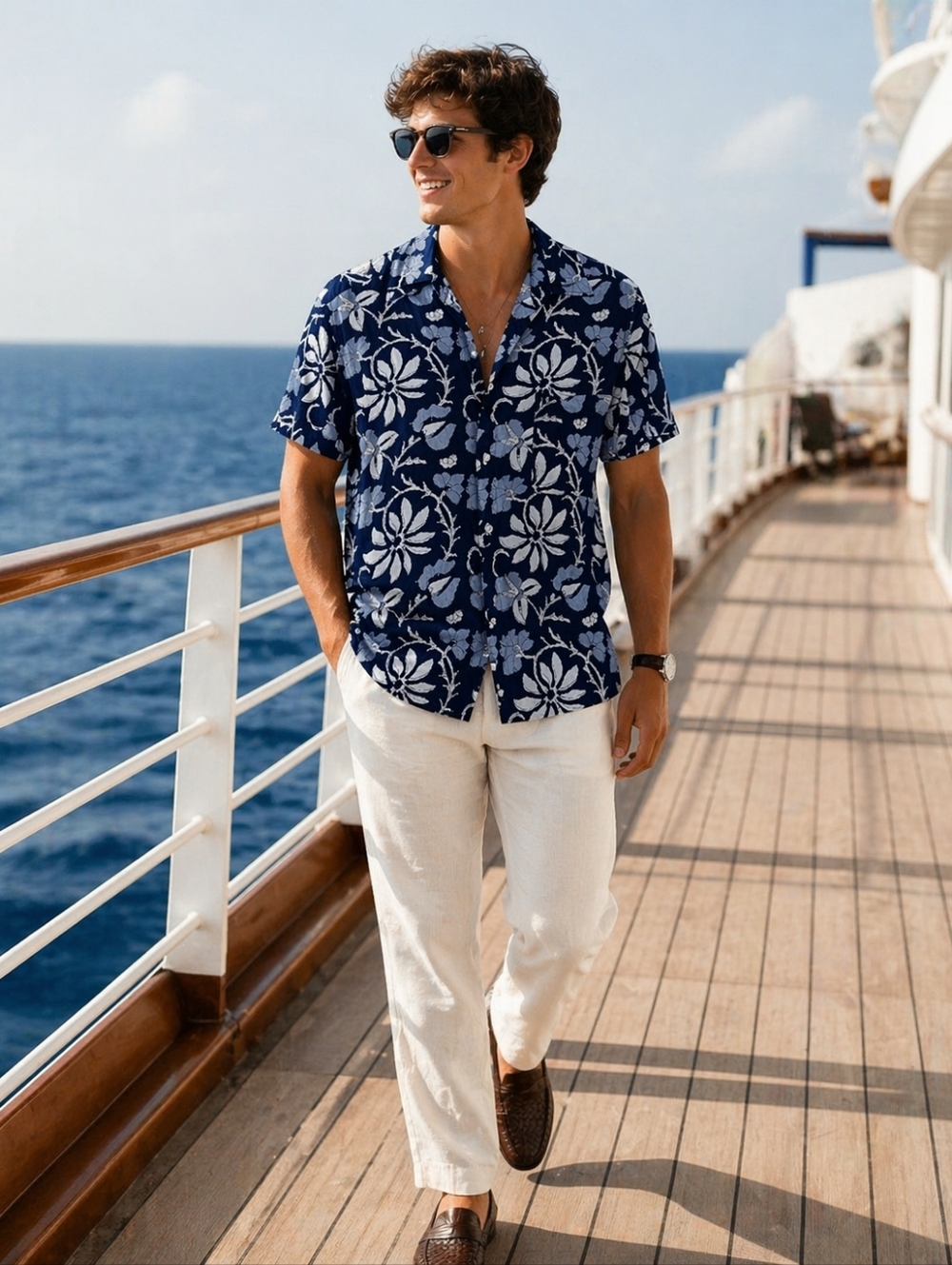 100% cotton NOLA Couture Men’s L Blue White Aloha Shirt USA Coastal Resort Camp